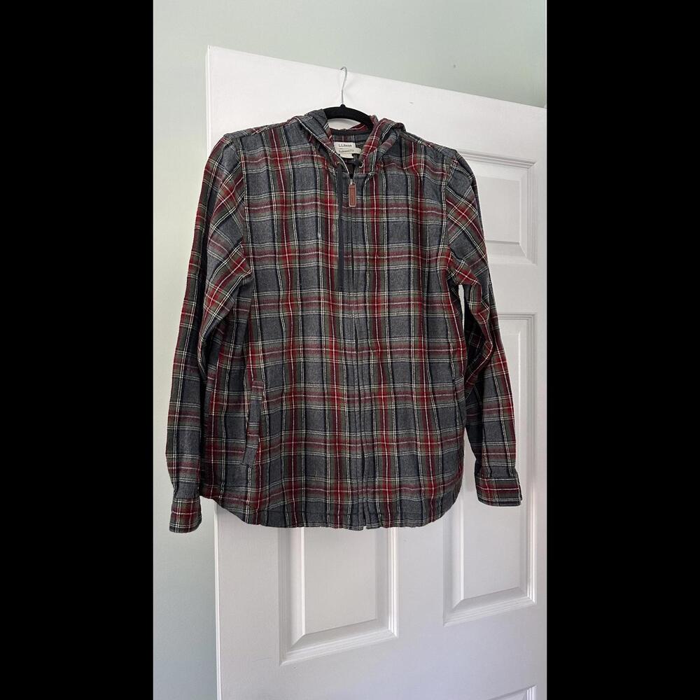 Women's Scotch Plaid Flannel Shirt Jacket,  Relaxed Zip Hoodie Grey Stewart